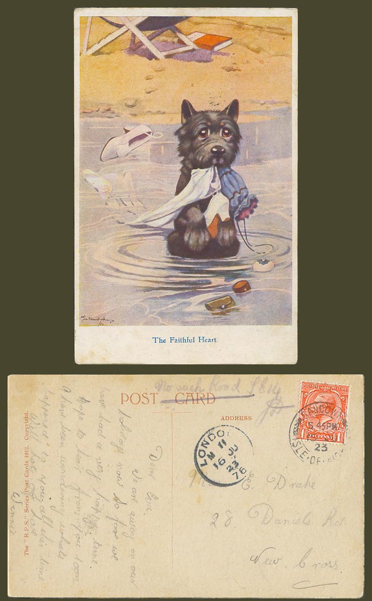 BONZO DOG G.E. Studdy 1923 Old Postcard The Faithful Heart Puppy on Beach 1012