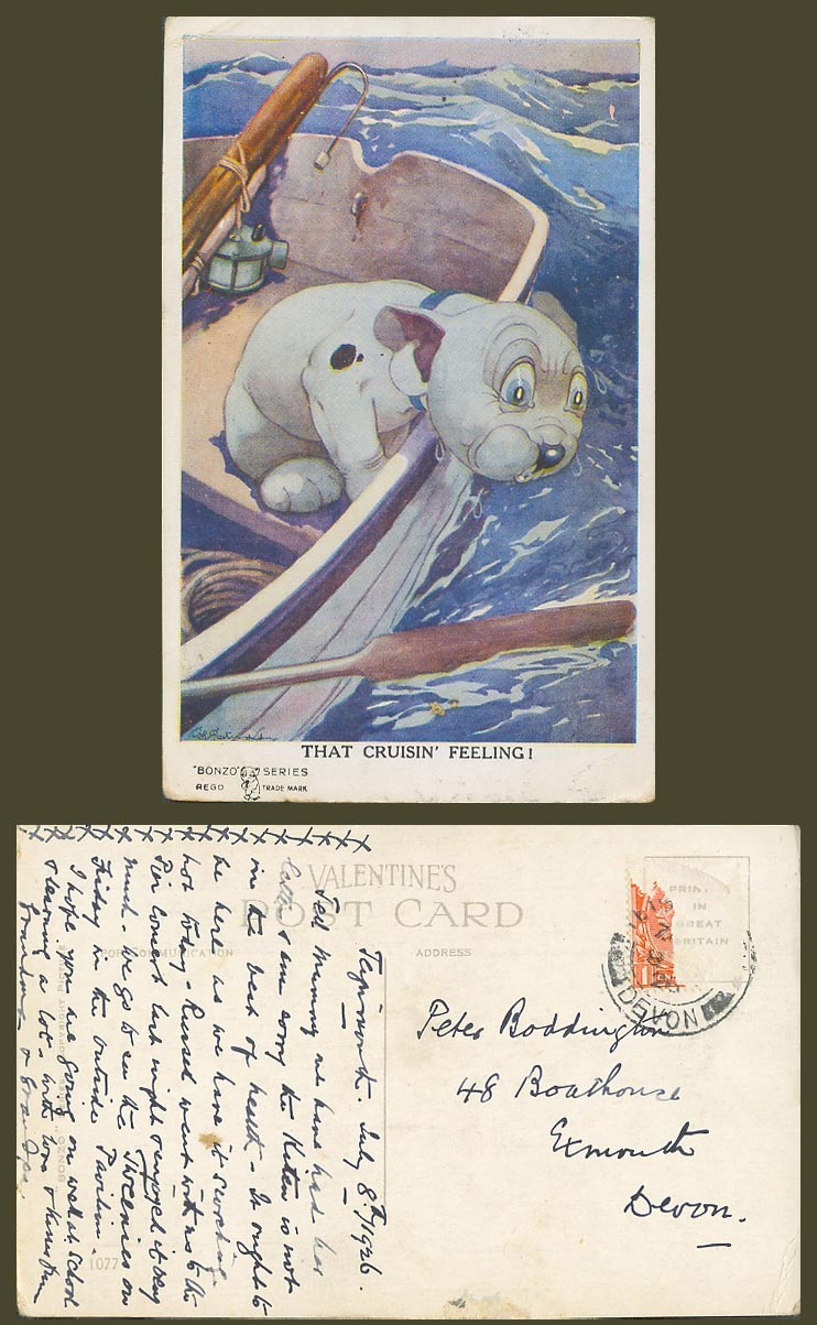 BONZO DOG GE Studdy 1926 Old Postcard That Cruisin' Feeling! Puppy Boat Oar 1077