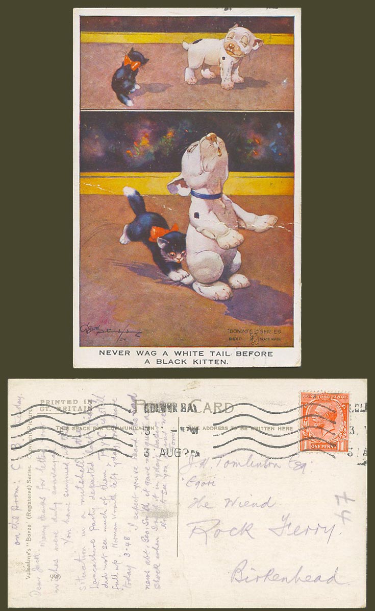 BONZO DOG GE Studdy Old Postcard Never Wag a White Tail Before Black Kitten 990