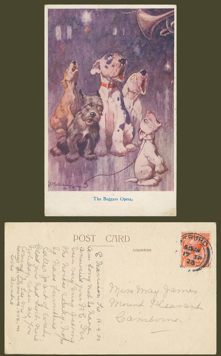 BONZO DOG GE Studdy 1923 Old Postcard The Beggars Opera, Dogs Puppy Singing 1003