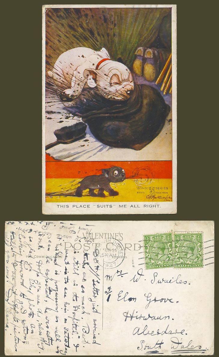 BONZO DOG GE Studdy 1927 Old Postcard This Place Suits Me All Right Puppy No.991