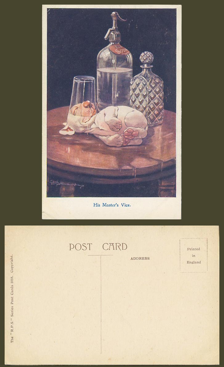 BONZO DOG GE Studdy Old Postcard His Master's Vice Drunk Puppy Glass Bottle 1018