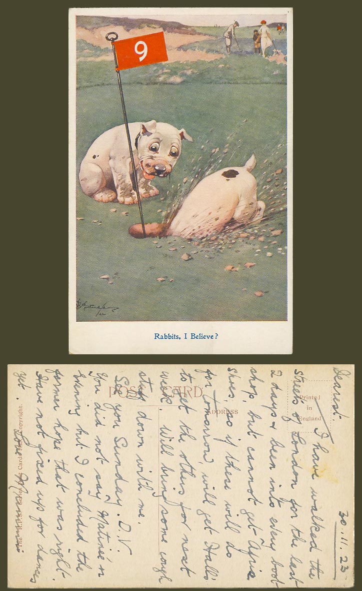 BONZO DOG GE Studdy 1923 Old Postcard Golf 9 Hole RABBITS I Believe? Golfer 1023