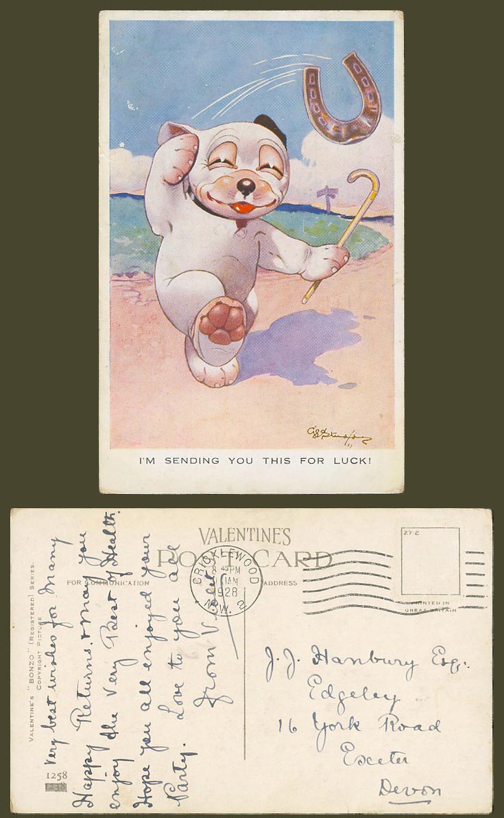 BONZO DOG G.E. Studdy 1928 Old Postcard I'm Sending You This Luck Horseshoe 1258