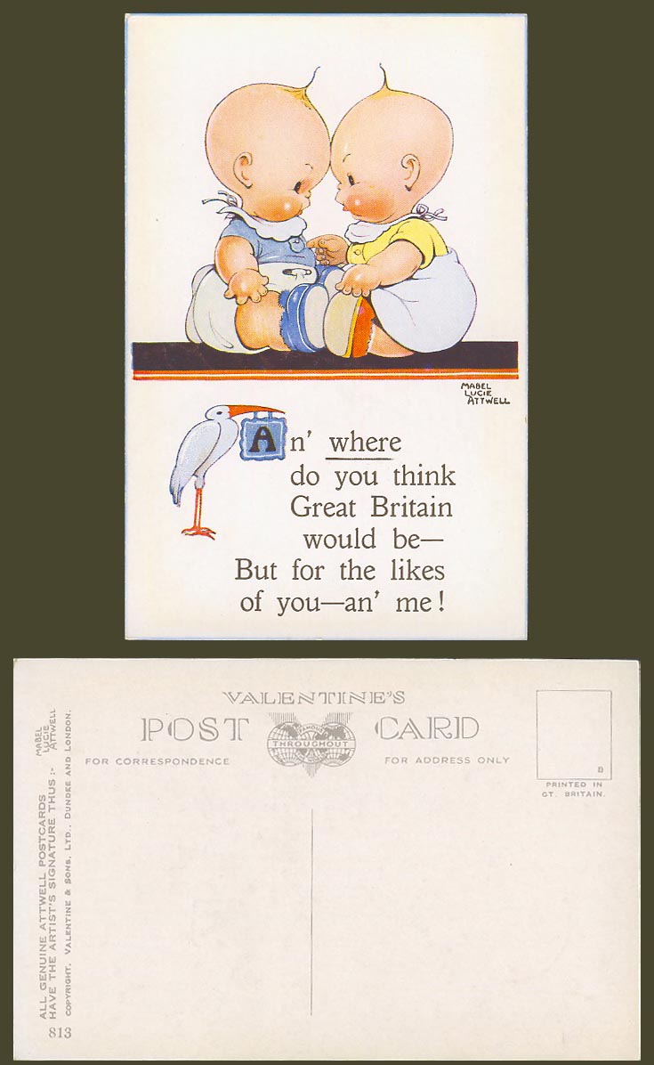 MABEL LUCIE ATTWELL Old Postcard Twins Twin Babies GB Britain, Pelican Stork 813