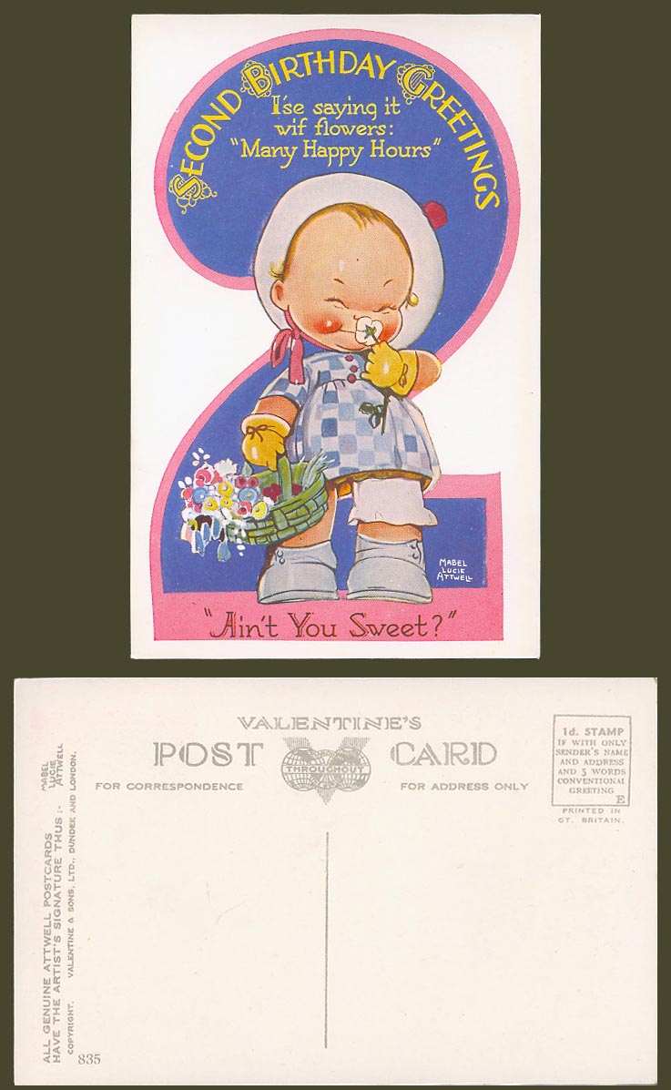 MABEL LUCIE ATTWELL Old Postcard 2nd Second Birthday, Saying it with Flowers 835