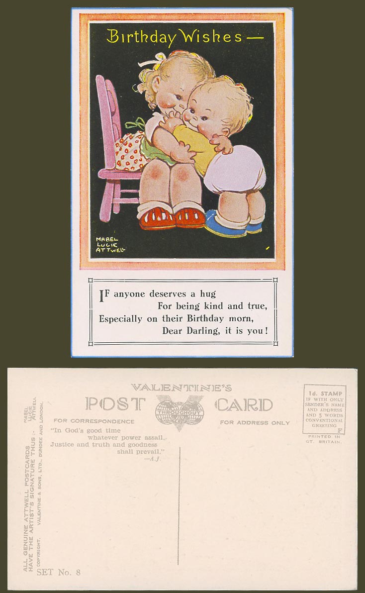 MABEL LUCIE ATTWELL Old Postcard Birthday Wishes Deserves a Hug Darling Set No 8