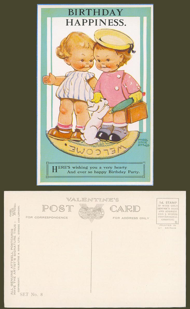 MABEL LUCIE ATTWELL Old Postcard Birthday Happiness, Hearty Happy Party Set No 8