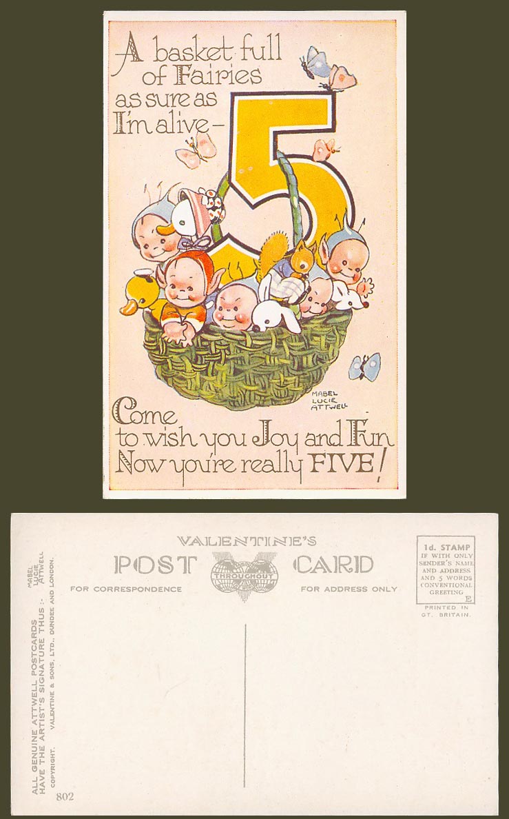 MABEL LUCIE ATTWELL Old Postcard Basket full of Fairies FIVE 5 Year Birthday 802