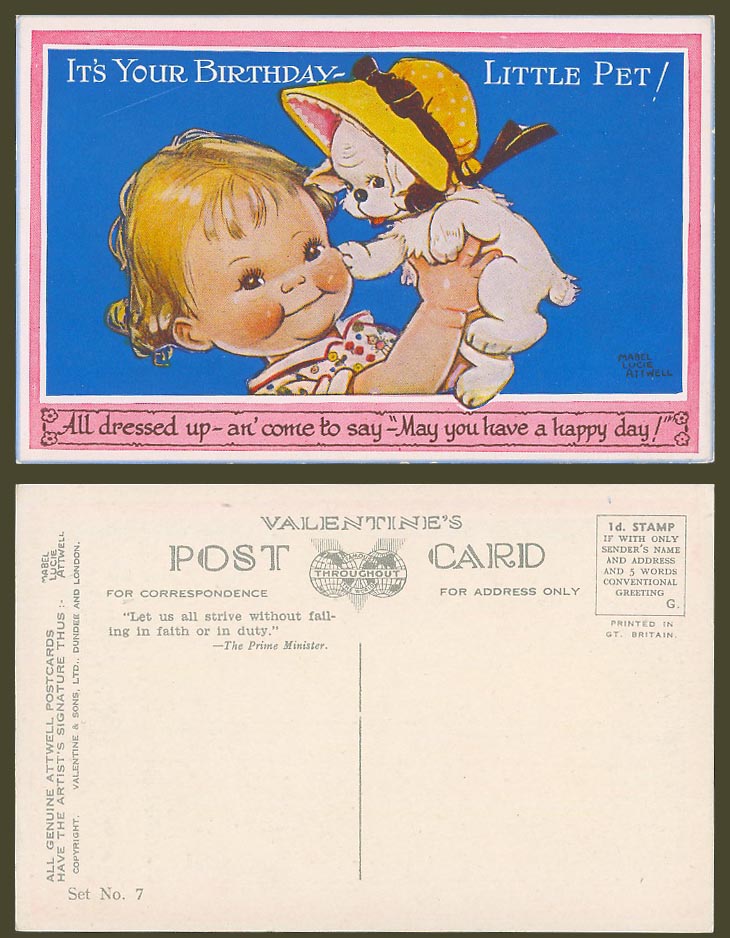 MABEL LUCIE ATTWELL Old Postcard It's Your Birthday Little Pet! Puppy Dog Set 7