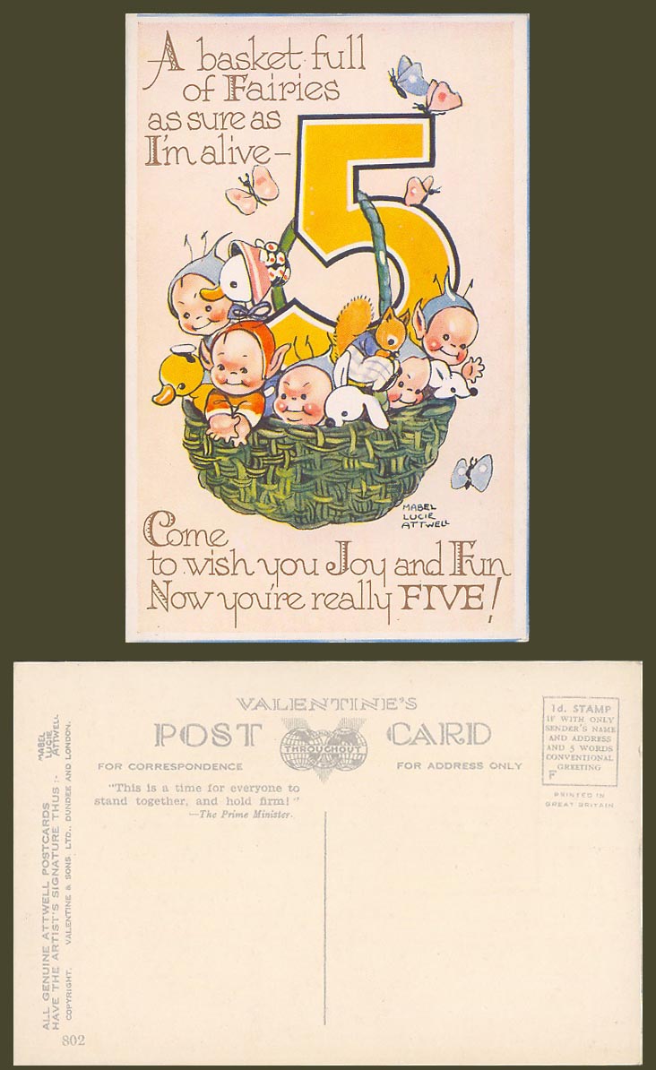 MABEL LUCIE ATTWELL Old Postcard Basket full of Fairies Duck 5 Year Birthday 802