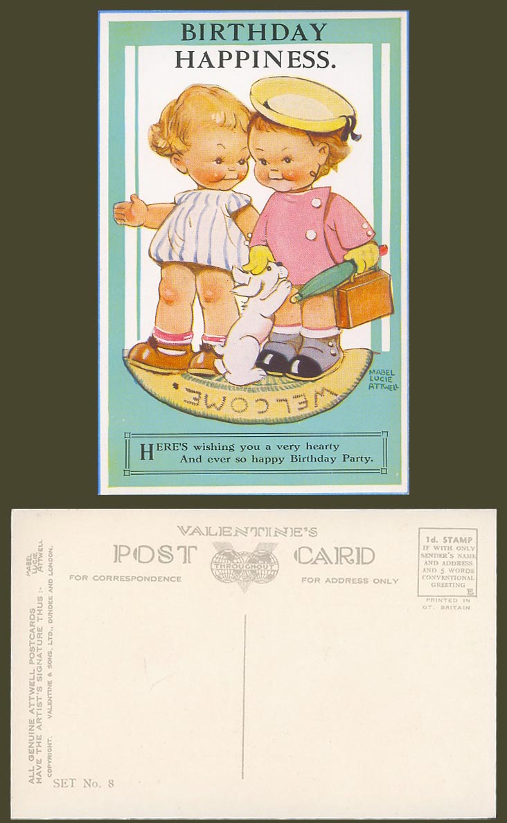 MABEL LUCIE ATTWELL Old Postcard Birthday Happiness Hearty Happy Party Set No. 8