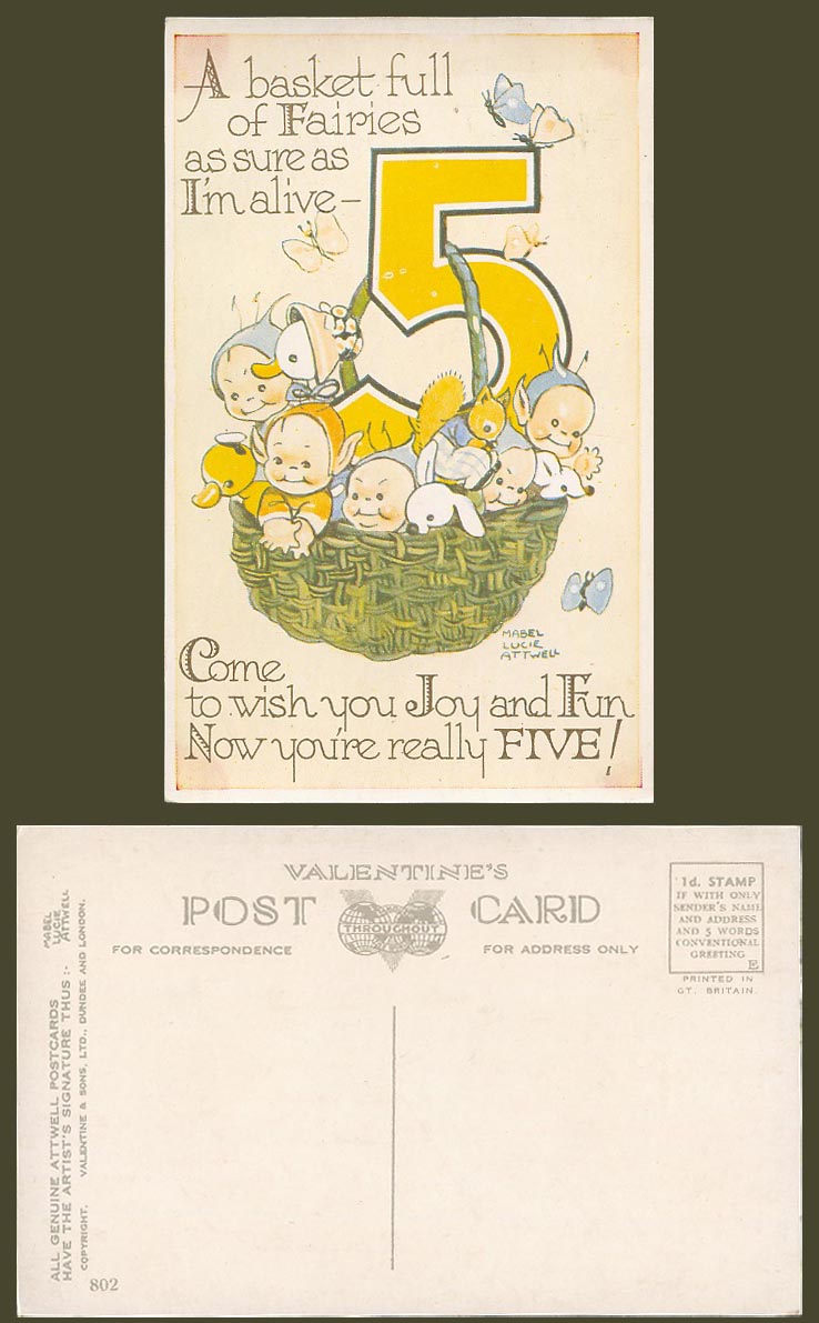 MABEL LUCIE ATTWELL Old Postcard Basket full of Fairies Bird FIVE 5 Birthday 802