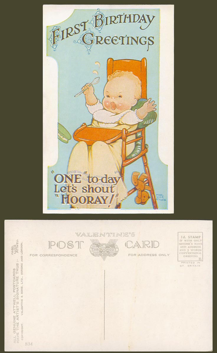 MABEL LUCIE ATTWELL Old Postcard One 1st First Birthday Greetings Teddy Bear 834