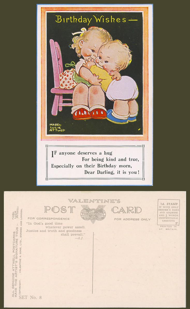 MABEL LUCIE ATTWELL Old Postcard Birthday Wishes - You Deserves a Hug, Set No. 8
