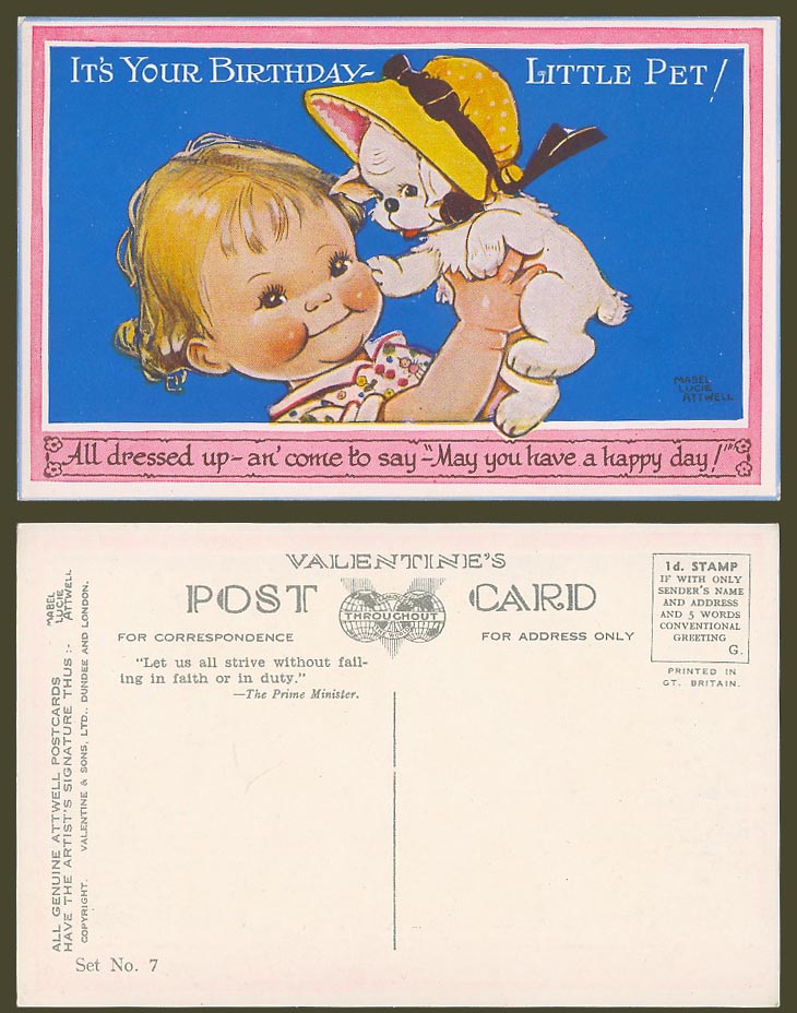 MABEL LUCIE ATTWELL Old Postcard It's Your Birthday Little Pet Dog Girl Set N. 7