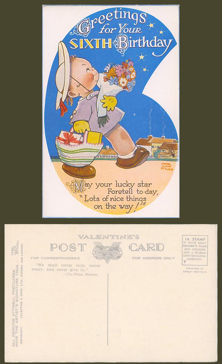 MABEL LUCIE ATTWELL Old Postcard Your 6th Sixth Birthday May Lucky Star Foretell