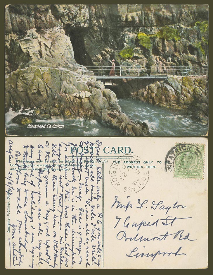 Northern Ireland 1907 Old Postcard Blackhead, Co. Antrim Cave, a Lady on Bridge