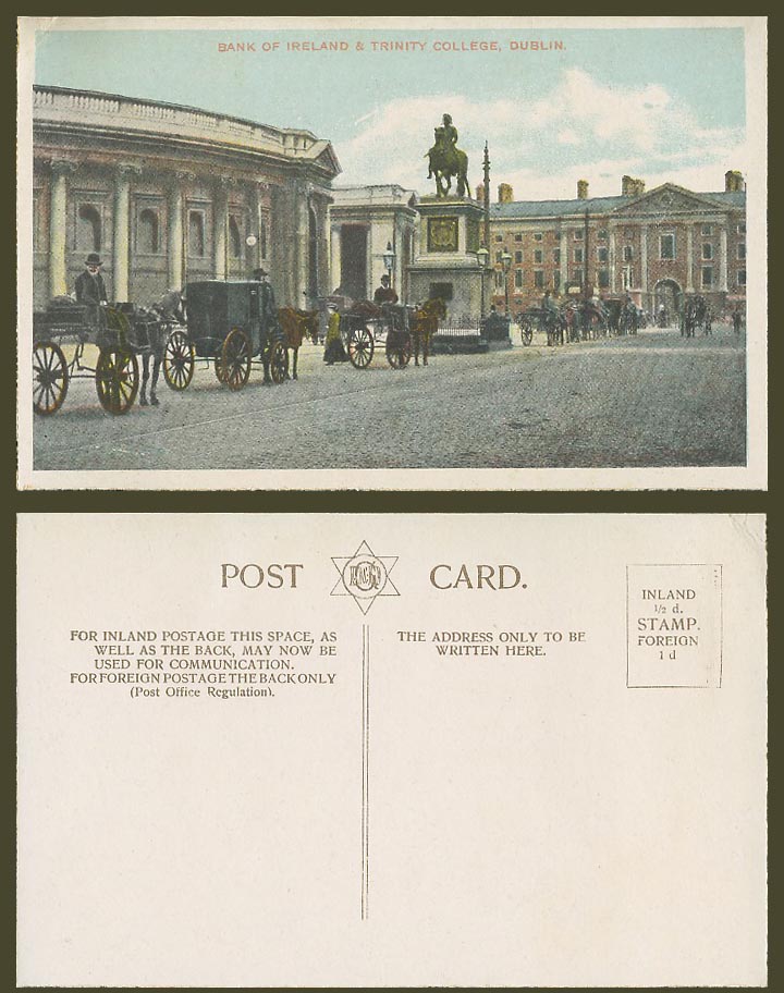 Ireland Dublin Old Postcard Bank of Ireland Trinity College Statue Street Scene