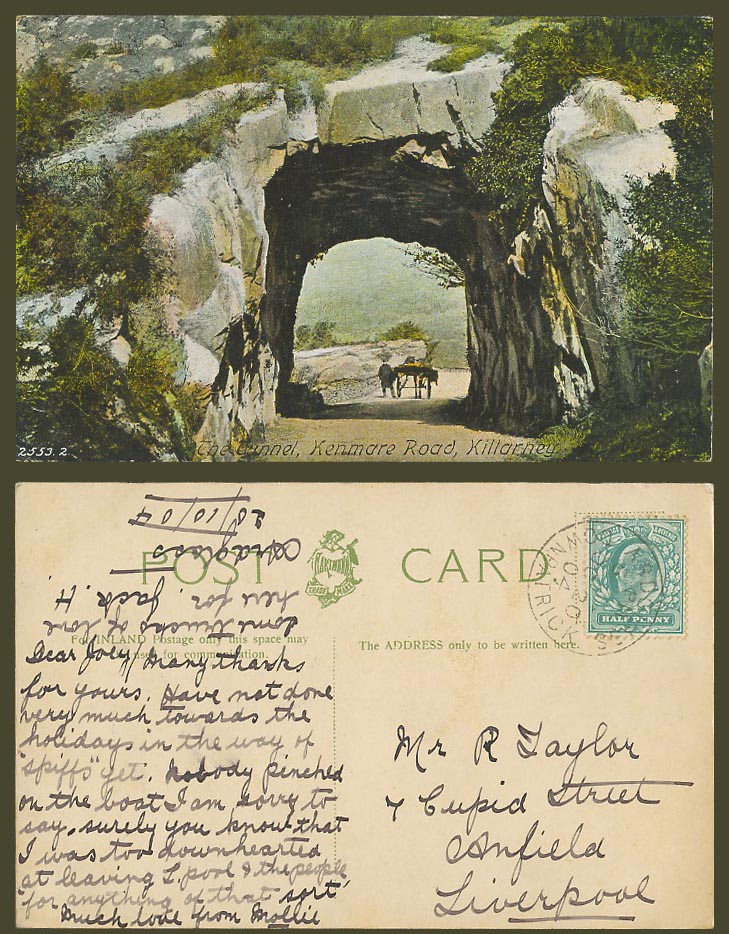 Ireland 1904 Old Postcard Tunnel, Kenmare Road Killarney Kerry Jaunting Car Cart