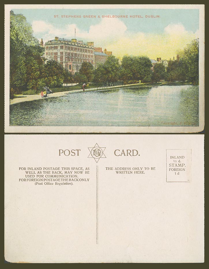 Ireland Dublin Old Colour Postcard St. Stephens Green and Shelbourne Hotel, Lake