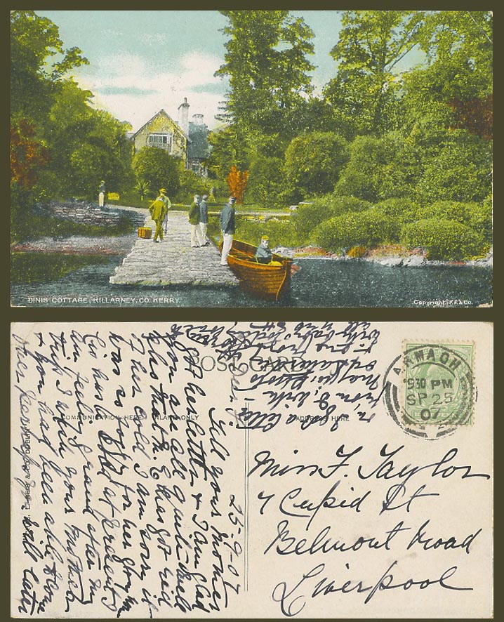 Ireland 1907 Old Colour Postcard Dinis Cottage, Killarney Co. Kerry, Boy on Boat