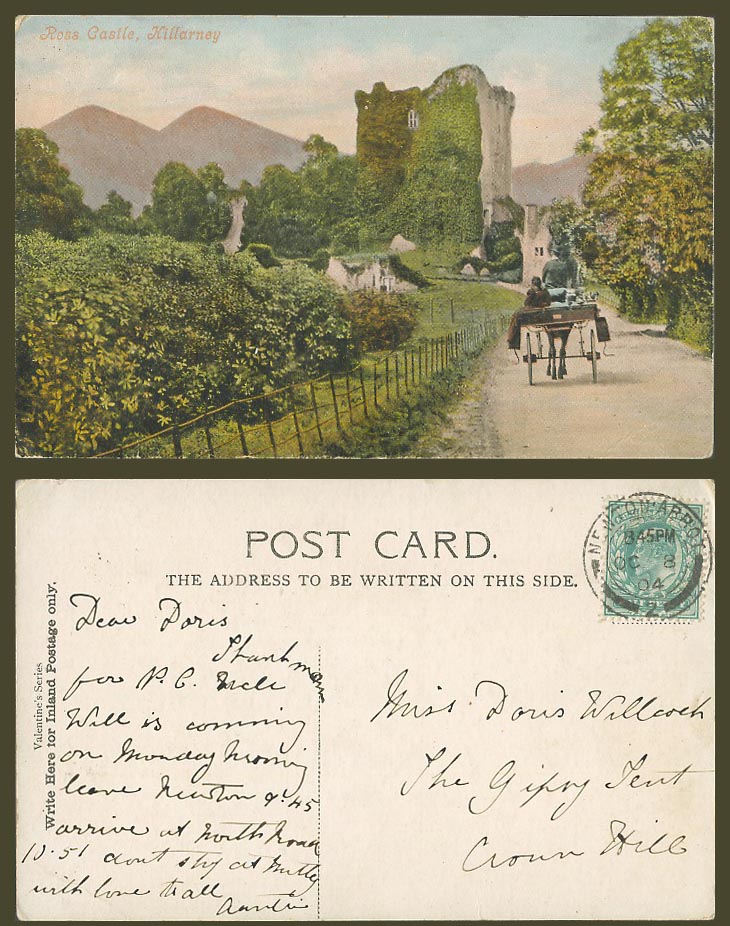 Ireland 1904 Old Postcard ROSS CASTLE Ruins Jaunting Car Cart Killarney Co Kerry