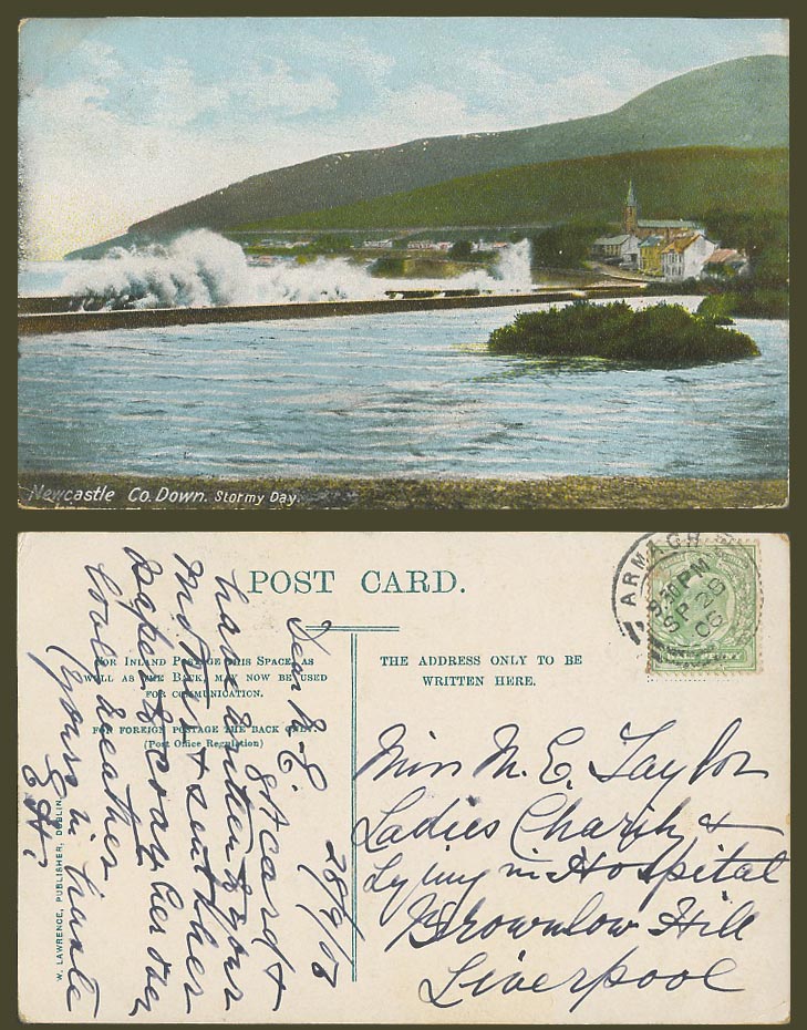 Northern Ireland 1906 Old Postcard Newcastle Co. Down Stormy Day Storm Rough Sea
