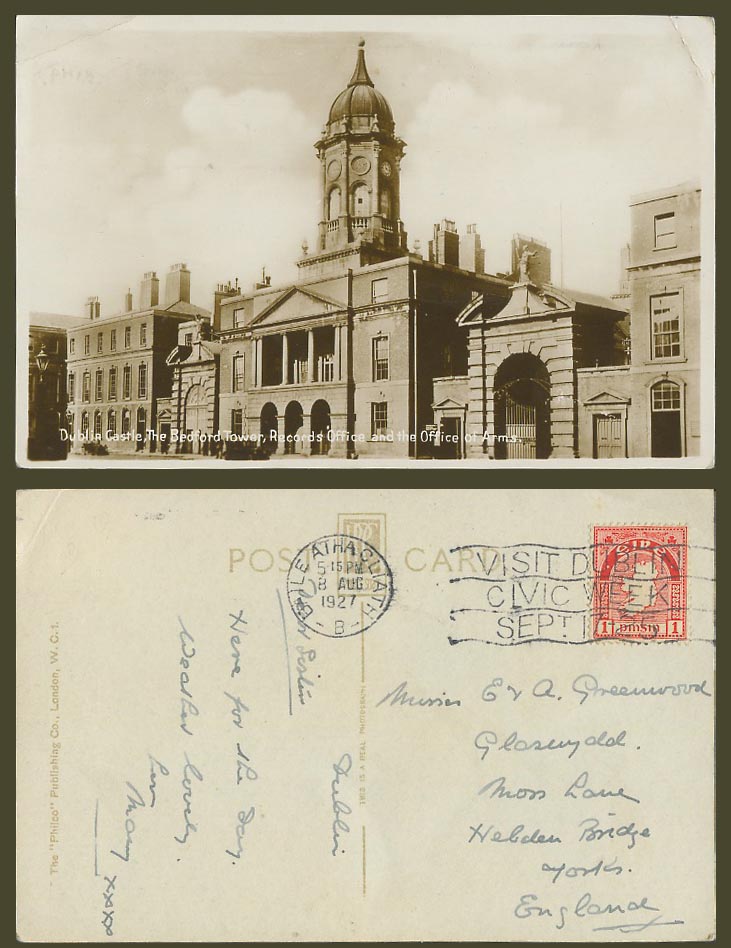 Ireland 1d  1927 Old Postcard Dublin Castle Bedford Tower Records Office of Arms