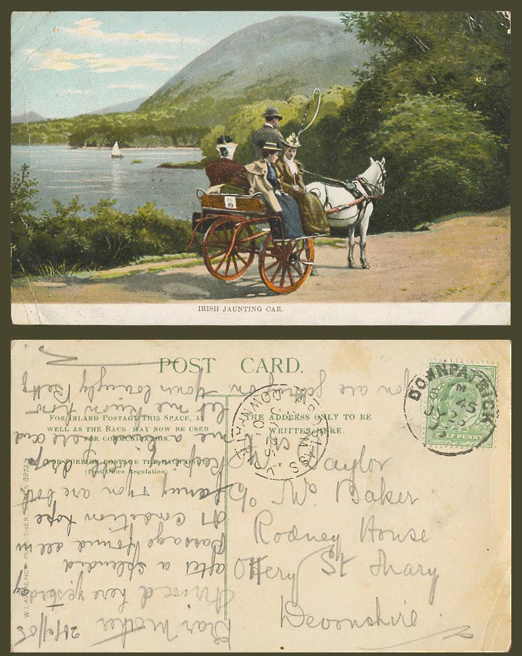 Ireland 1905 Old Colour Postcard Irish Jaunting Car No.19 Horse Lake Boat Ladies