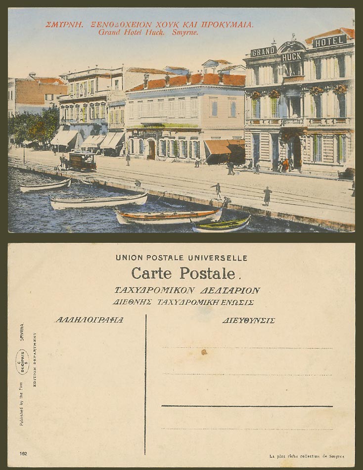 Turkey Smyrne Smyrna Old Hand Tinted Postcard Grand Hotel Huck TRAM Boat Harbour