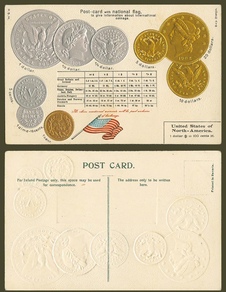 USA United States, Vintage Coins & National Flag Coin Card Old Embossed Postcard