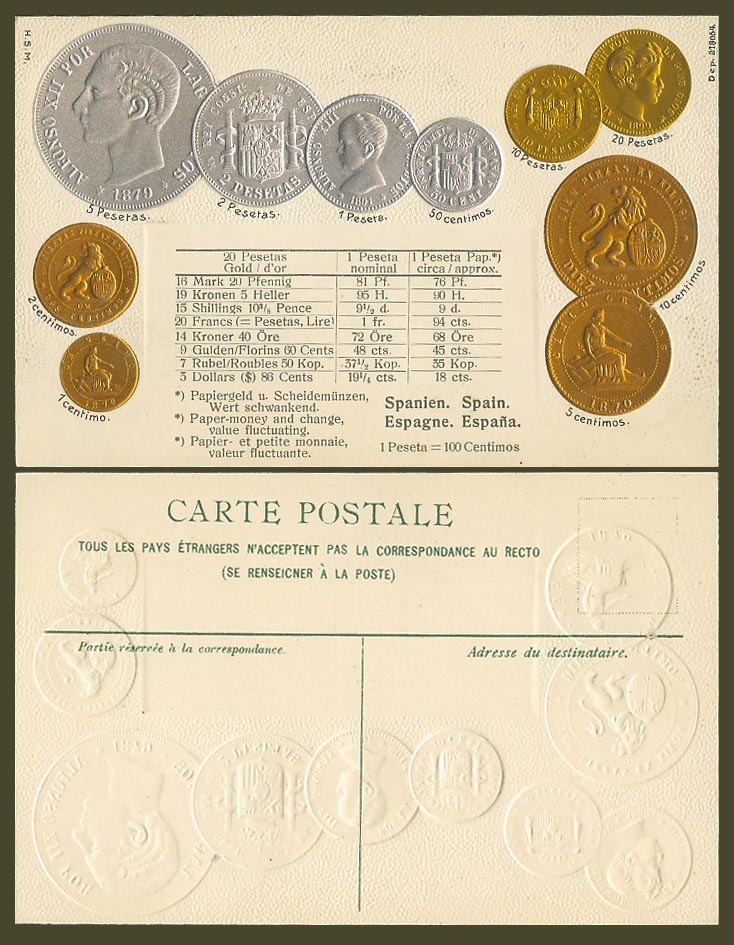 Spain Vintage Coins & Spanish National Flag Lion Coin Card Old Embossed Postcard