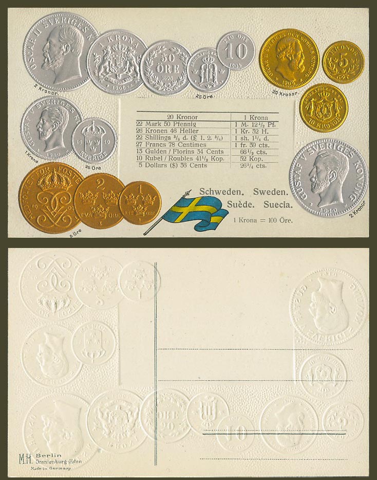 Sweden, Vintage Coins and Swedish National Flag, Coin Card Old Embossed Postcard