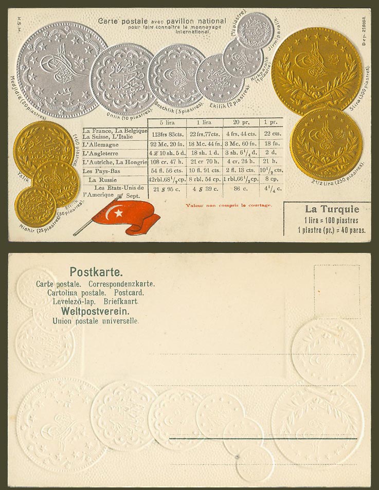 Turkey National Flag Vintage Coins Illustration Coin Card Old Embossed Postcard