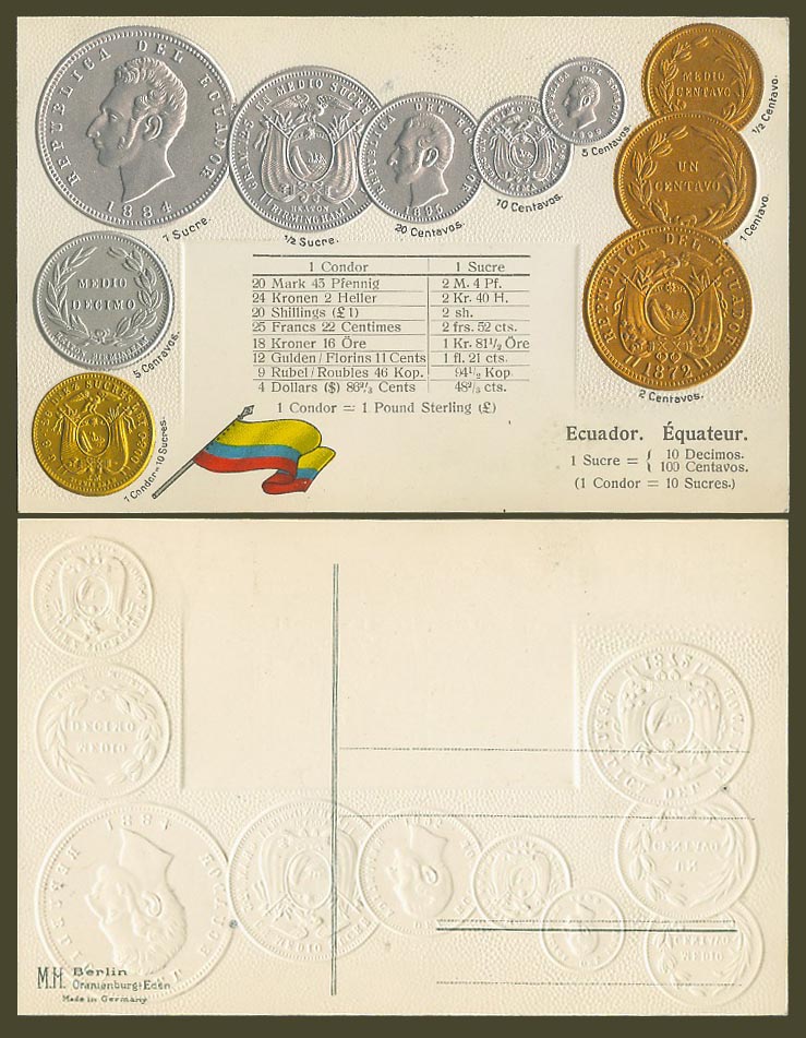 Ecuador National Flag Vintage Coins Illustration Coin Card Old Embossed Postcard