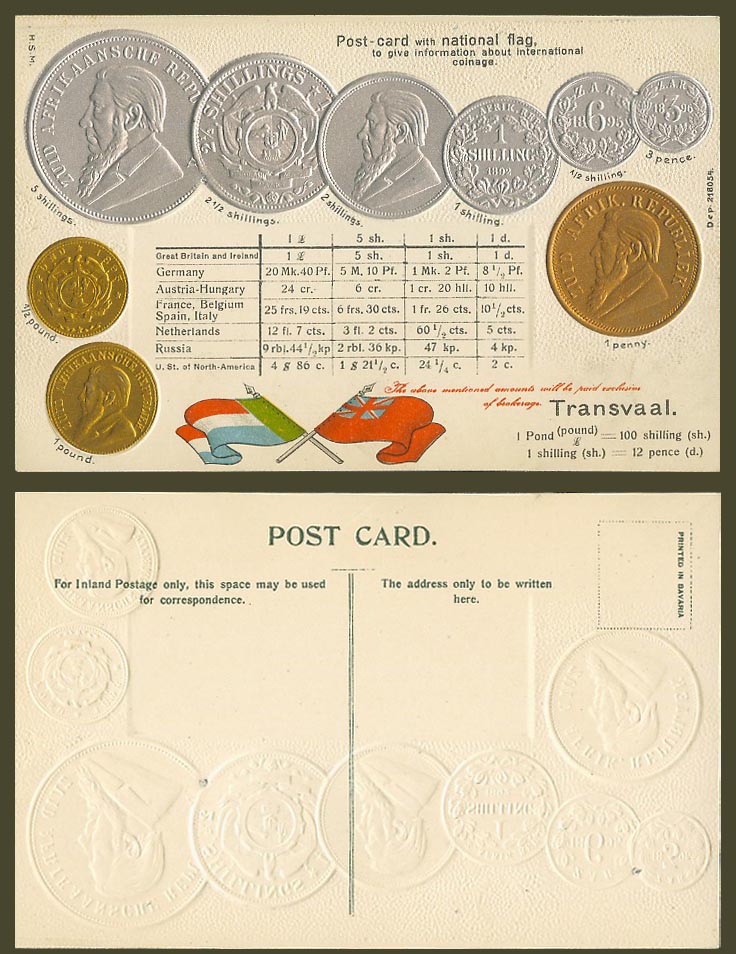 Transvaal National Flag Flags & Vintage Coins Illustrated Coin Card Old Postcard