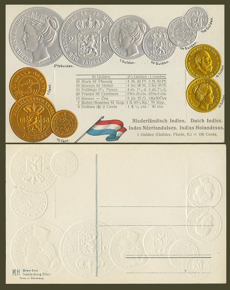 Dutch Indies Coin Card, Vintage Coins National Flag Netherlands DEI Old Postcard