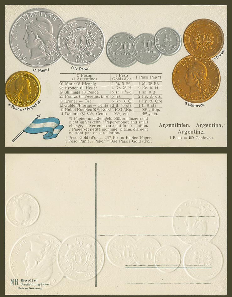 Argentina National Flag & Vintage Coins Pesos Illustrated Coin Card Old Postcard