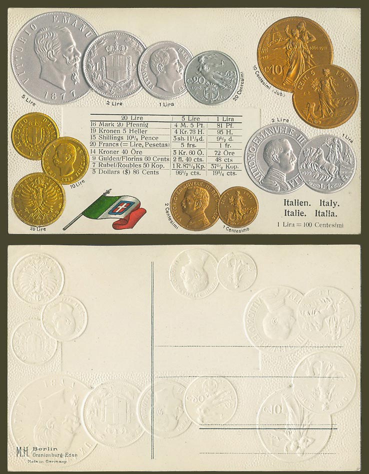 Italy National Flag and Vintage Italian Coins Illustrated Coin Card Old Postcard