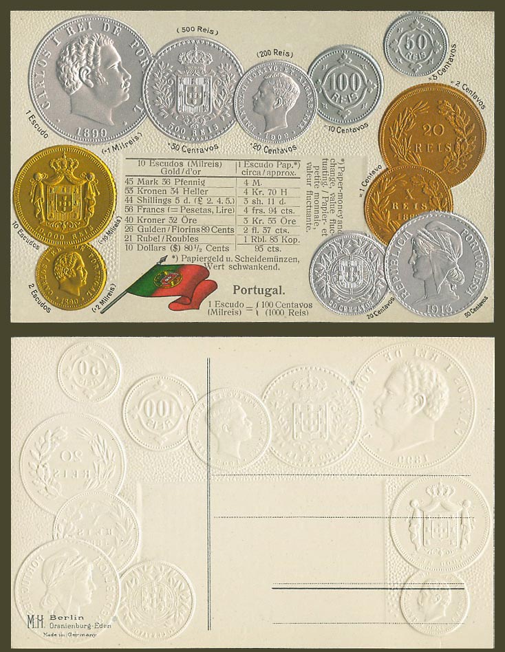 Portugal National Flag Vintage Coins Illustrated Coin Card Old Embossed Postcard