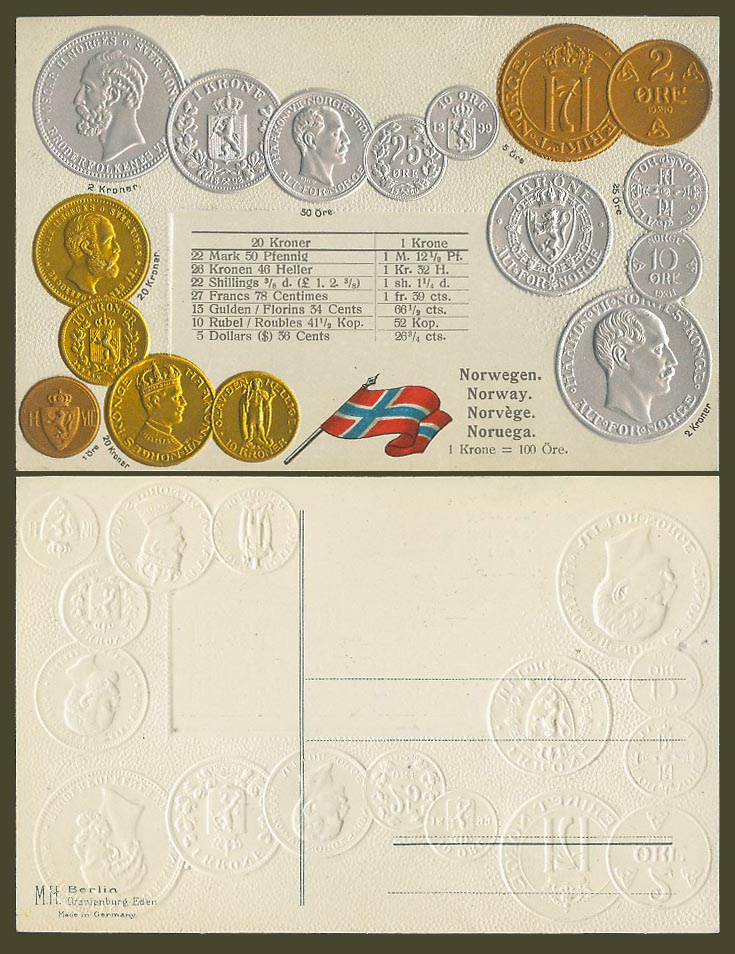 Norway National Flag, Vintage Norwegian Coins Illustrated Coin Card Old Postcard