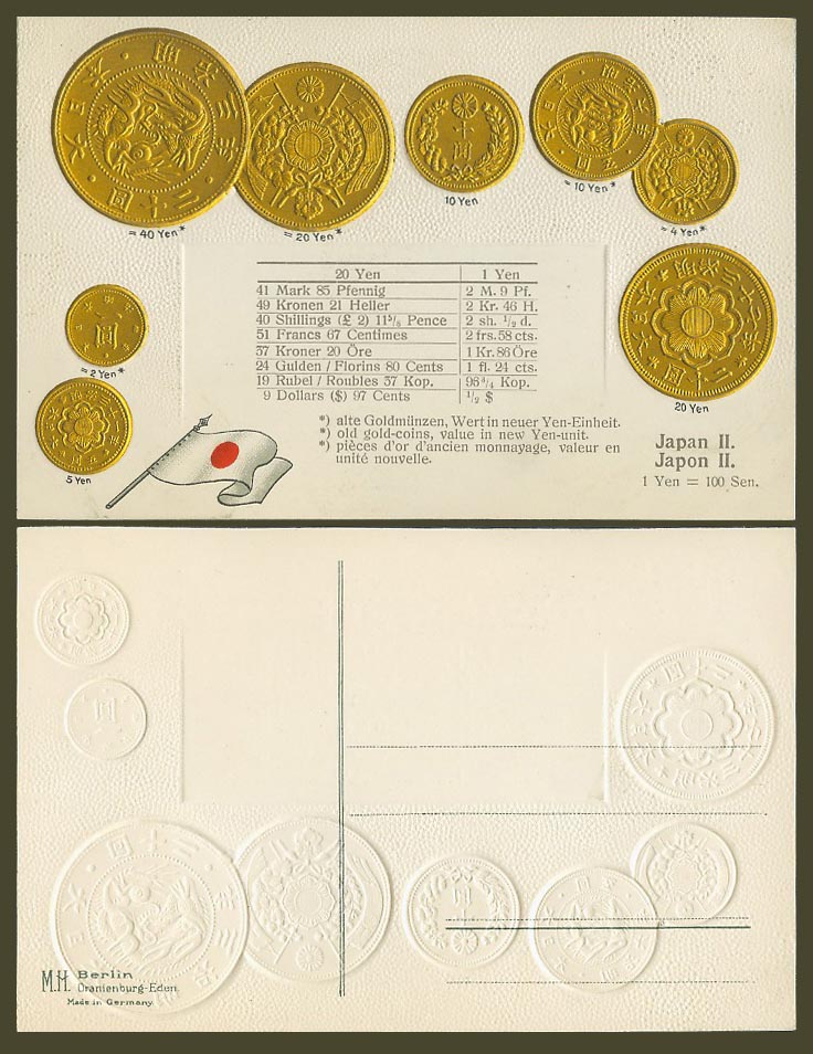 Japan National Flag & Vintage Japanese Coins Illustrated Coin Card Old Postcard