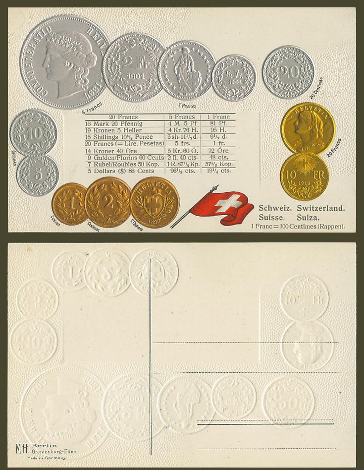 Switzerland National Flag Vintage Swiss Coins Illustrated Coin Card Old Postcard