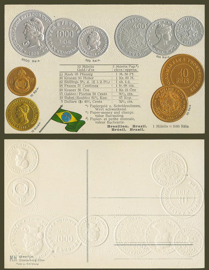 Brazil National Flag & Vintage Coins Illustrated Coin Card Old Embossed Postcard