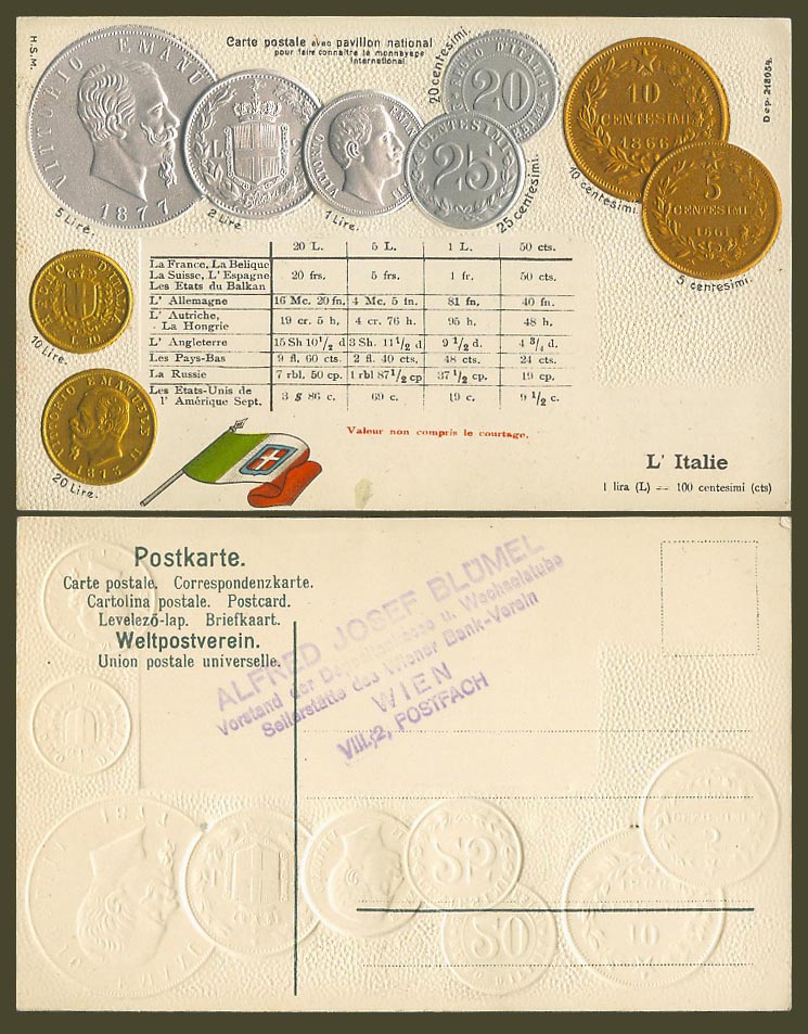 Italy National Flag, Vintage Italian Coins L' Illustrated Coin Card Old Postcard