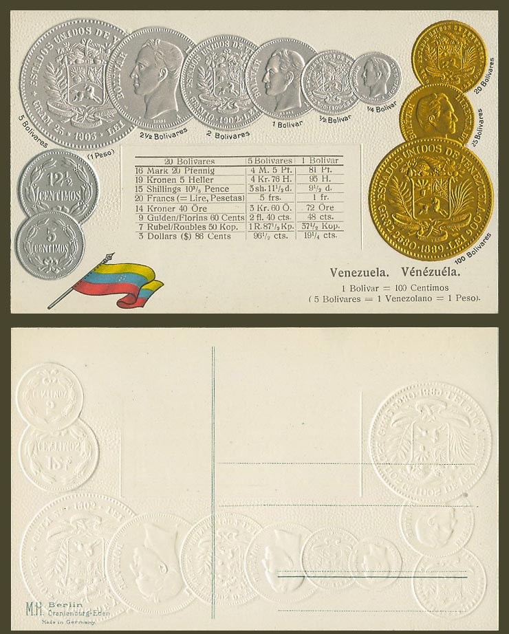 Venezuela National Flag Vintage Coins Illustrated Coin Card Old Postcard Embossd