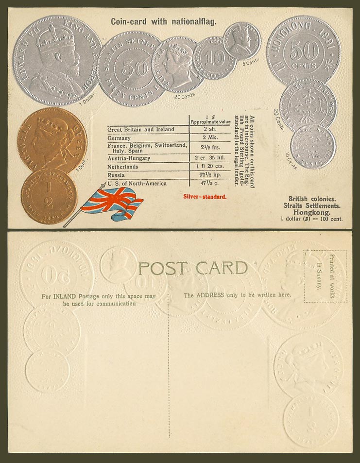 Hong Kong Straits Settlements, Brit. Flag & Vintage Coins Coin Card Old Postcard