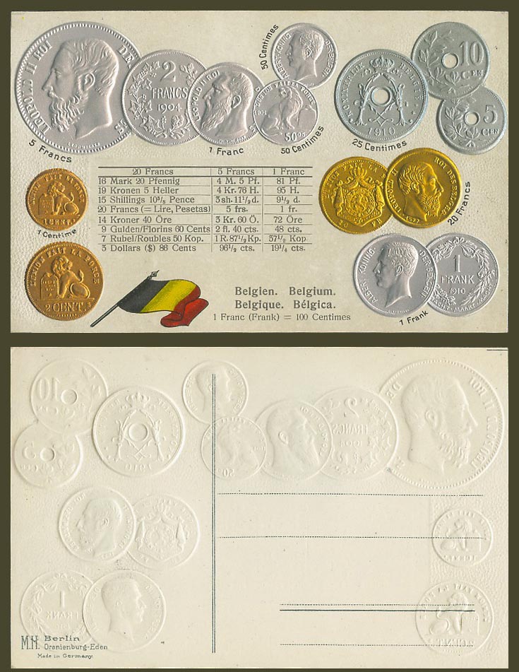 Belgium National Flag & Vintage Belgian Coins Illustrated Coin Card Old Postcard