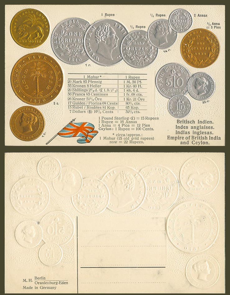 Empire of British India & Ceylon Vintage Coins Lion Flag, Coin Card Old Postcard